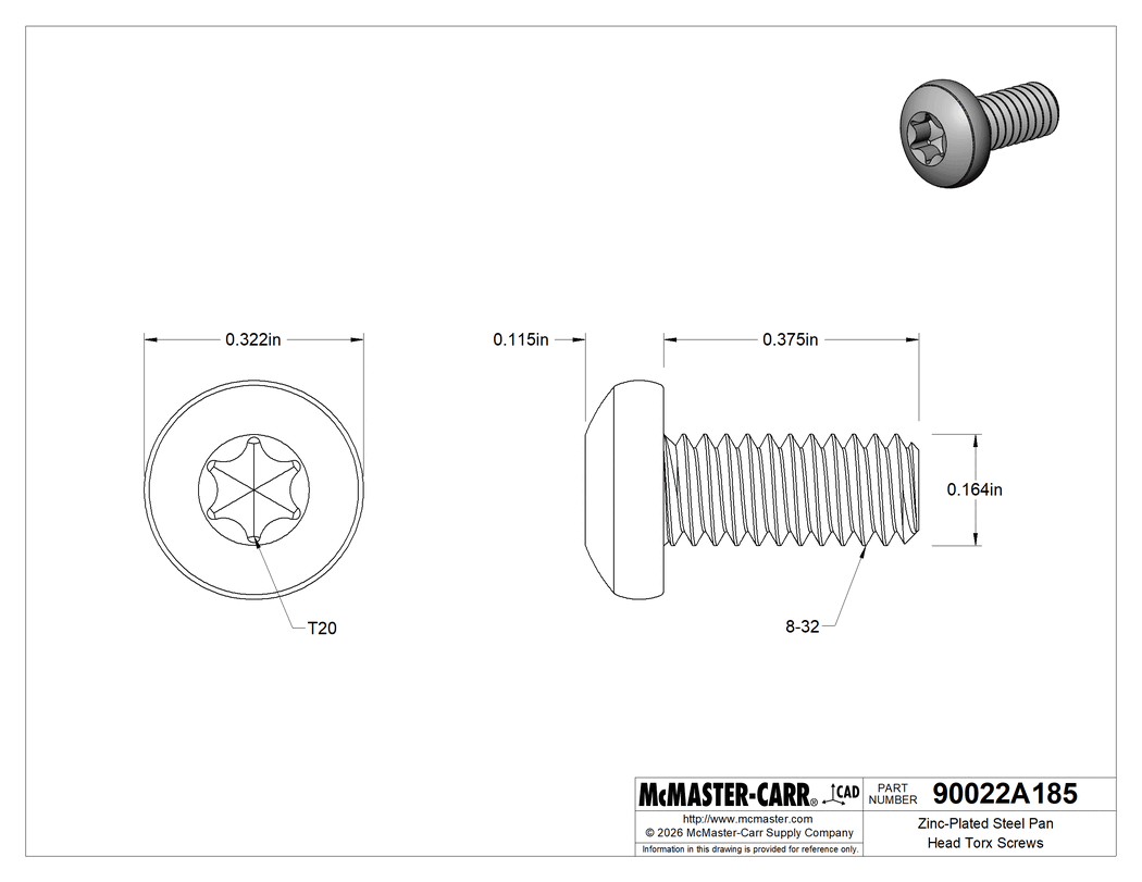 Technical Drawing of Zinc-Plated Steel Pan Head Torx Screws, 8-32 Thread Size, 3/8" Long.